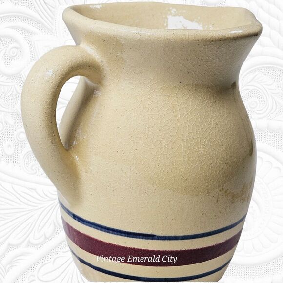 Vintage Robinson Ransbottom Pottery Roseville Ohio #850 1 Qt Pitcher Blue & Red - Picture 10 of 15